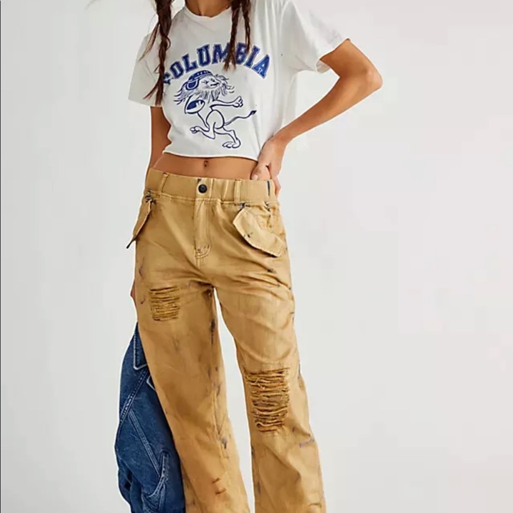 Free People Freddie Distressed Pants Tan Tie Dye Print Elastic Waist Size L